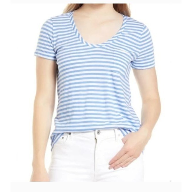 Caslon Women's Scoop Neck Brooke Striped Short Sleeve Pocket Tee Blue/White Xs
